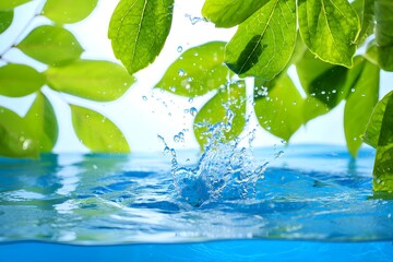 Water Splash with Green Leaves - Vibrant Nature & Splash Photography