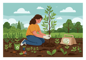A group of young people collecting trash and sorting recyclables in a park. This illustration promotes the importance of environmental conservation and the efforts made by individuals in maintaining a