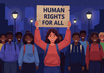 A young girl stands on a stage holding a banner reading "DISCRIMINATION," surrounded by an audience in a spotlight. This scene highlights activism and raising awareness about social justice issues.