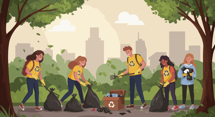 A group of young people collecting trash and sorting recyclables in a park. This illustration promotes the importance of environmental conservation and the efforts made by individuals in maintaining a