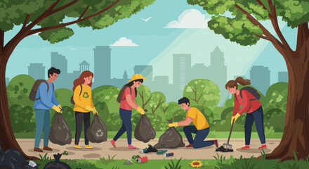 A group of young people collecting trash and sorting recyclables in a park. This illustration promotes the importance of environmental conservation and the efforts made by individuals in maintaining a