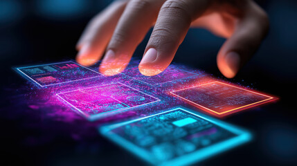 Futuristic technology interface with hand interacting in digital space