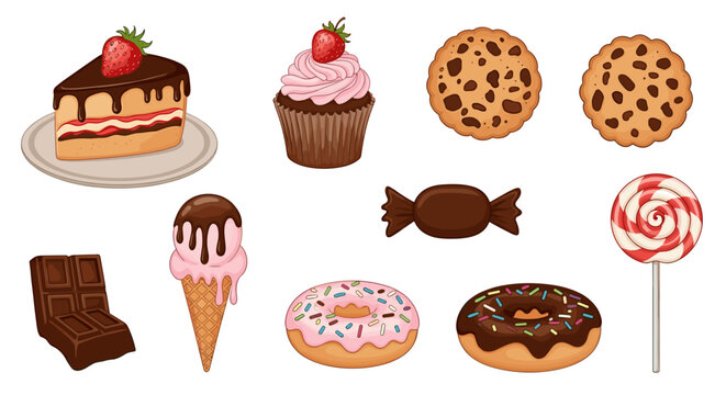 A collection of various sweets including a cake slice, cupcake, cookies, candy, lollipop, and other desserts on transparent background