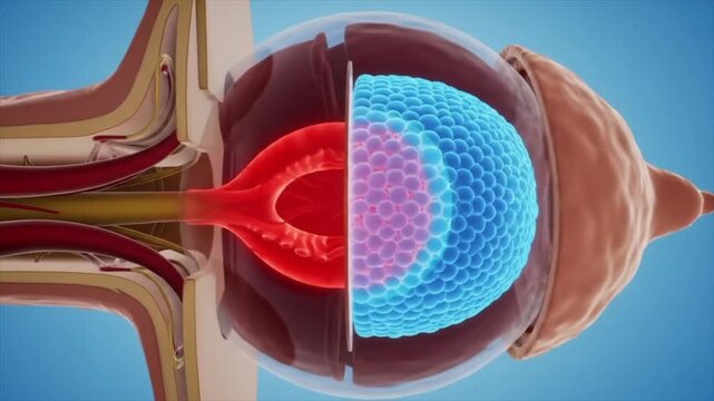 3D medical visualization of glaucoma showing increased pressure in the human eye. Ophthalmology, anatomy, health concept.