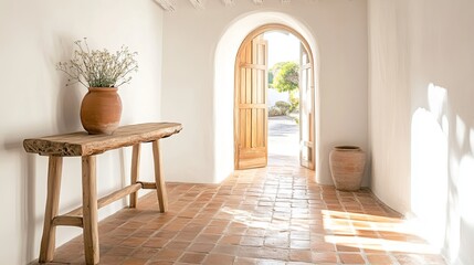 Rustic Entrance Hall With Terracotta Tiles And Wooden Accents