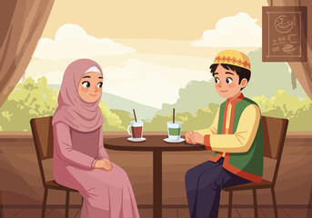 A young couple enjoying a peaceful moment at a café, with the woman wearing a hijab and the man dressed in traditional attire.