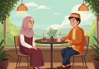 A young couple enjoying a peaceful moment at a café, with the woman wearing a hijab and the man dressed in traditional attire.