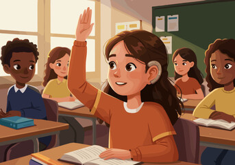 A classroom scene where a girl raises her hand to answer a question, demonstrating active participation in the class. The other students are focused, reflecting a learning environment.