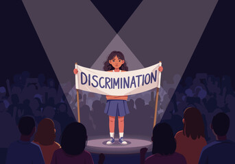 A young girl stands on a stage holding a banner reading "DISCRIMINATION," surrounded by an audience in a spotlight. This scene highlights activism and raising awareness about social justice issues.