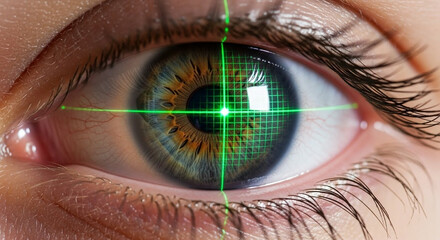 Human eye with green laser grid scan for biometric security or vision correction
