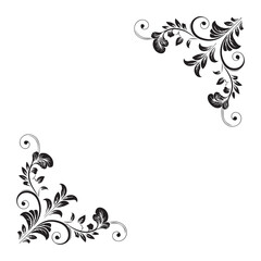 A sophisticated black and white floral corner design featuring intricate swirls and leaves, ideal for adding elegance to invitations and pages