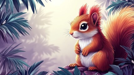 Naklejka premium Cute Squirrel and Mushroom Frame Vector Background with Pastel Purple Copy Space for Text in Forest Cartoon Illustration, Ideal for Presentations and Nature Themes