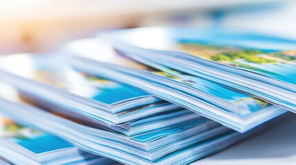 Stack of glossy magazines showing beachy scenes and bright, light-filled pages