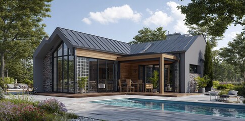 A modern house with an open-air room and terrace, garden furniture, swimming pool, glass block on the back of a brick wall, with gray walls and a wooden roof, surrounded by greenery. The home has two 