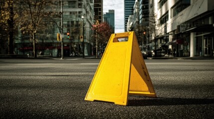 A bright yellow triangular caution sign standing out against a backdrop of pavement and city buildings highlighting the intersection of urban life and safety regulations.