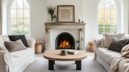 Fototapeta premium Cozy Living Room With Fireplace, Home Interior Decor