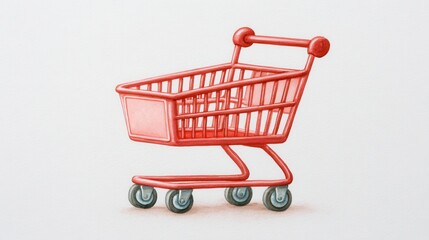 Concepts on economic trends, risks and recessions. A red miniature shopping cart on a white background, symbolizing retail and consumerism.