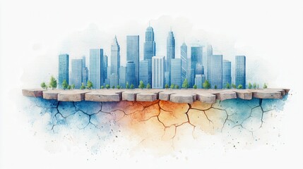 A watercolor-style cityscape with modern skyscrapers standing on a cracked, floating landmass, symbolizing urban fragility and environmental challenges.