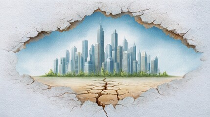A cracked wall reveals a futuristic cityscape with towering skyscrapers on cracked dry ground, symbolizing urban growth amidst environmental challenges.