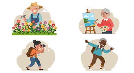 Fototapeta premium Collage of seniors engaging in hobbies such as gardening painting photography and travel