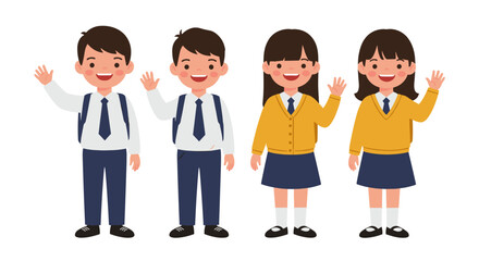Obraz premium Illustration of four students in school uniforms waving with cheerful expressions