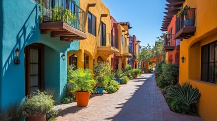 Fototapeta premium Vibrant Village Street: Colorful Architecture And Sunny Day
