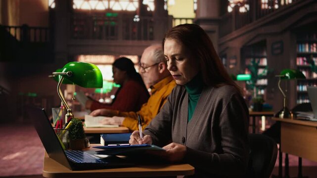 Senior adult learner studying with online academic materials on laptop, collecting important information for exams and thesis completion. Old man serious about graduating college. Camera A.