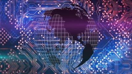 Starting grid globe outline appearing, globe rotating while circuit lines pulsing and data flowing - Powered by Adobe