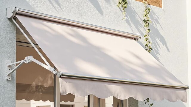 Retractable awning providing shade over a window on a building facade
