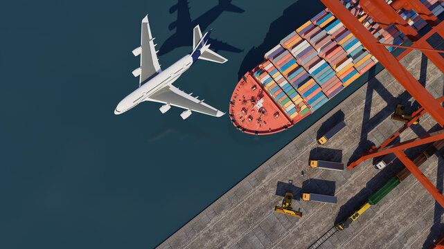 Intermodal freight transport hub with cargo ship container crane truck and airplane