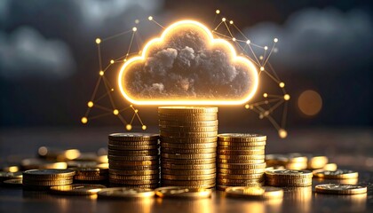Golden coins stack with glowing cloud graphic