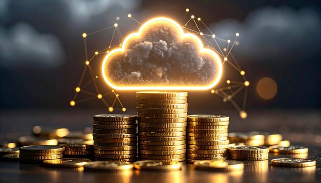Golden coins stack with glowing cloud graphic