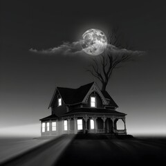 Spooky Victorian House Under Full Moon - Creepy Halloween Scene