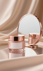 Close-up of rose gold cream jar with blank label, placed beside a small round mirror reflecting soft natural light