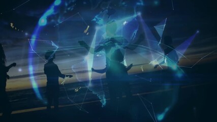 Group of six friends extending arms at sunset beach, generating network globe for technology demo - Powered by Adobe