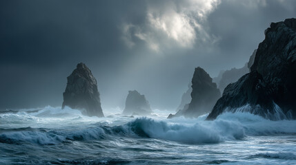 Crashing ocean waves against jagged cliffs, storm clouds rolling in with shafts of light