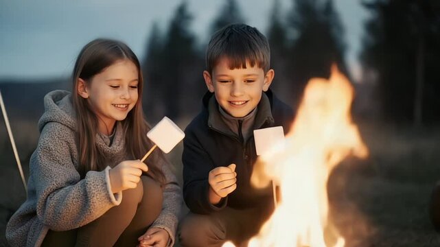 Children roasting marshmallows over campfire in outdoor setting