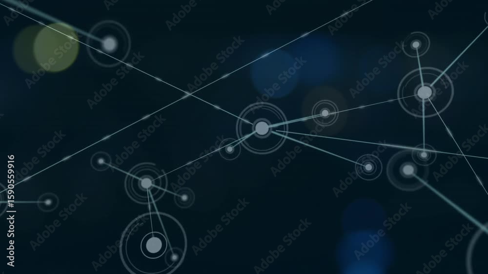 Poster pale node pulsing then shooting thin line linking new nodes while data graph expanding outward
