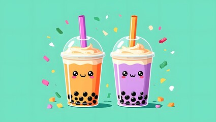 Two Cute Boba Tea Characters - Orange and Purple Flavors