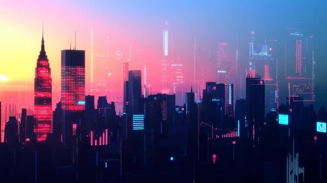 Futuristic city skyline at sunset with data visualizations and drone - Powered by Adobe
