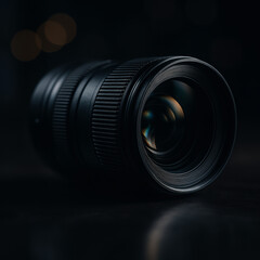 Professional DSLR Camera Lens on Reflective Surface with Cinematic Lighting