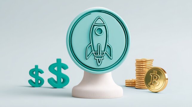 ChatGPT said: Startup Business Growth Supported by Strategic Loan Financing, Rocket symbolizing cryptocurrency growth with dollar signs and coins, representing financial investment.