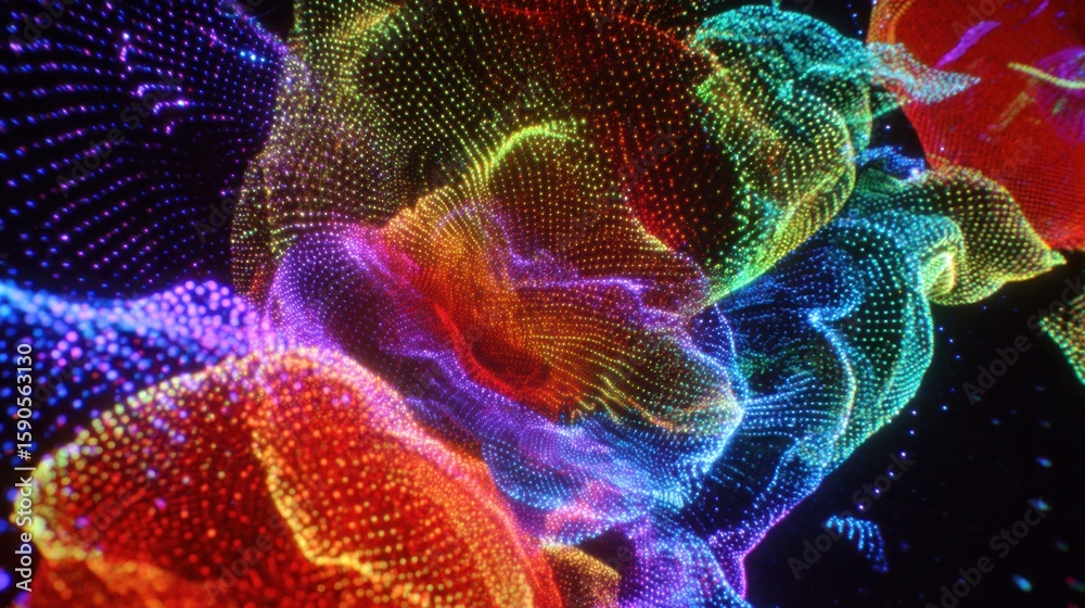 Poster complex algorithms displayed on a holographic screen create a vibrant kaleidoscope of colors, pulsat