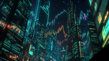 Futuristic city with stock market data overlay and digital finance concept - Powered by Adobe