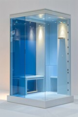 Fototapeta premium The blue and white exhibition booth, set against a soft and warm background