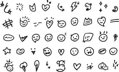 Hand drawn icons expressive faces hearts stars lightning bolt vector