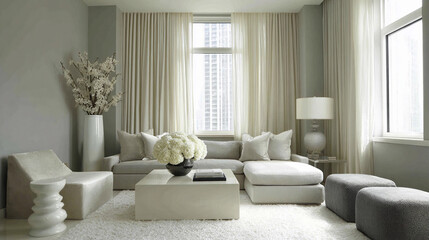 Modern living room with neutral tones and elegant decor