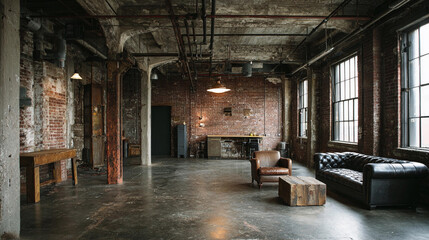 Industrial loft interior with modern furnishings and warm lighting