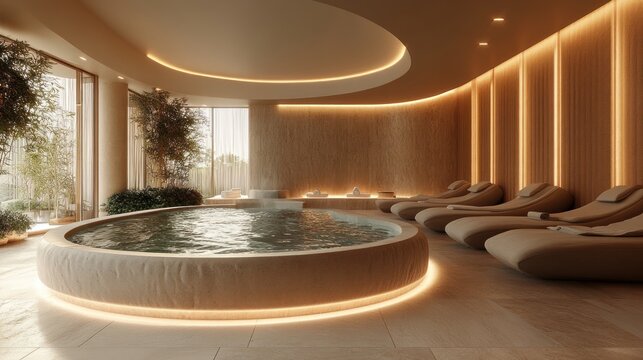 a tranquil wellness center interior showcasing a calming pool area and inviting lounge chairs accented by warm ambient lighting and natural elements designed to evoke serenity and relaxation