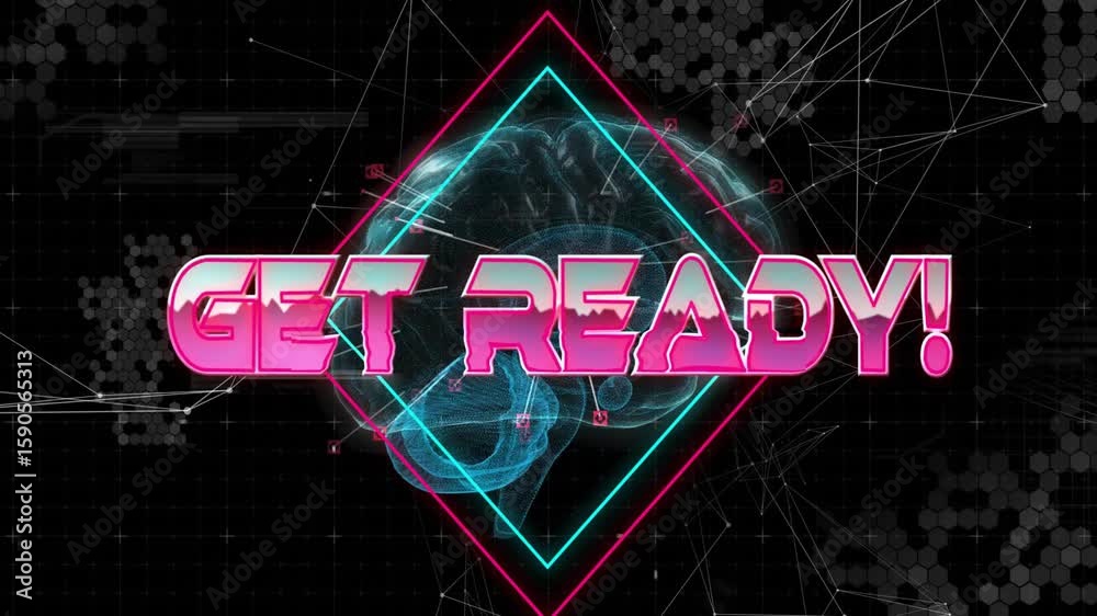 Poster neon pink letters sliding across wireframe brain assembling get ready text signaling data launch